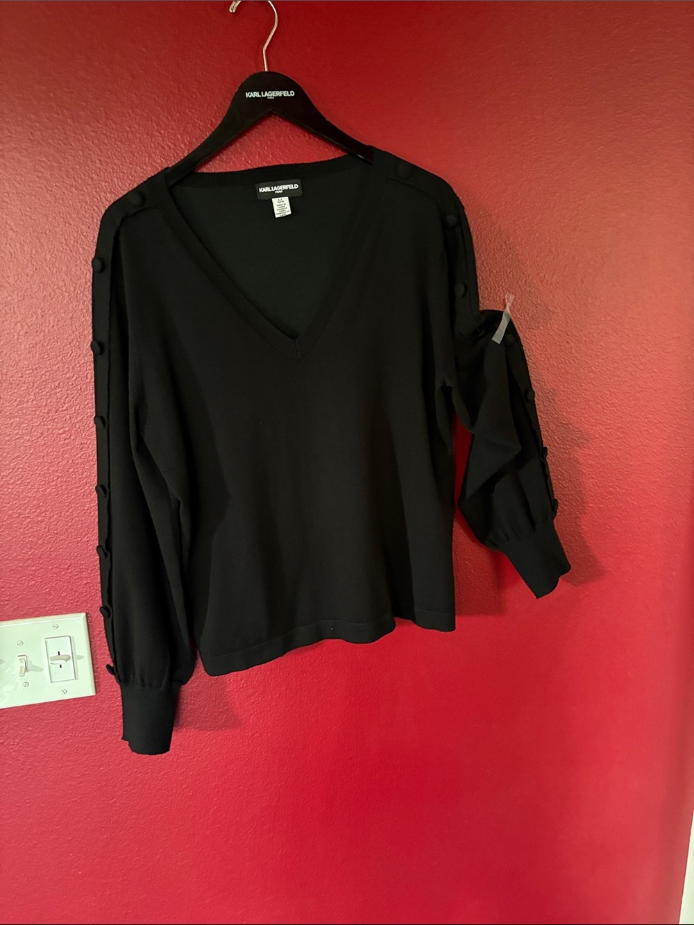 Karl Lagerfeld Black V-Neck Button-Sleeve Pullover